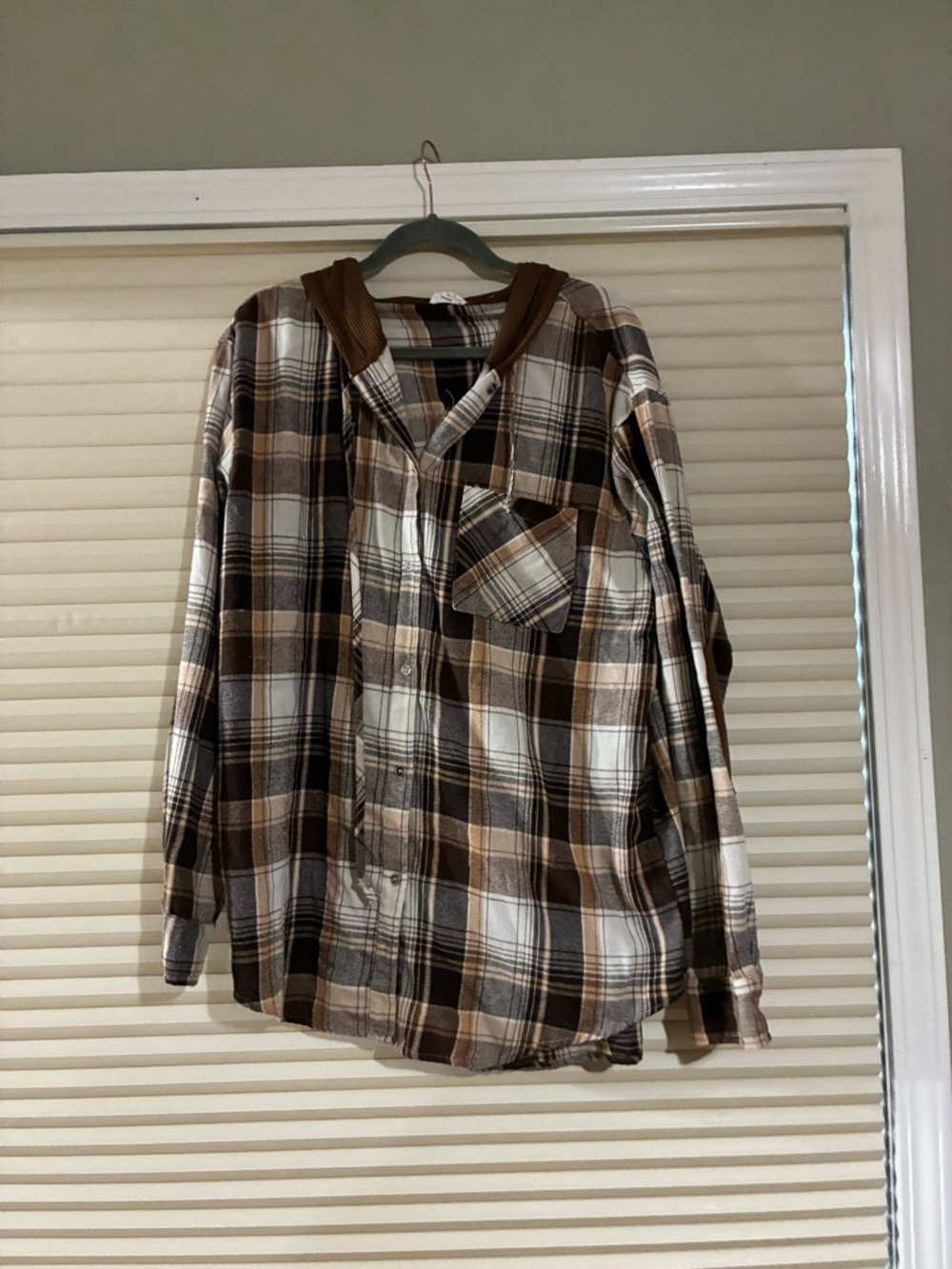 LA MIEL Brown Plaid Button-Up Top with Hood Trim